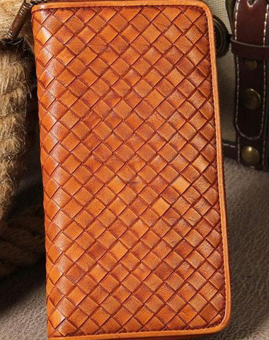 Handmade Braided Leather Mens Long Wallet Brown Zipper Long Wallet for Men