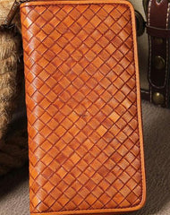 Handmade Braided Leather Mens Long Wallet Brown Zipper Long Wallet for Men