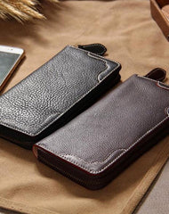 Handmade Leather Mens Long Clutch Wallet Vintage Zipper Wallet for Men