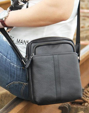 Leather Mens Black Small Shoulder Bag Messenger Bag Crossbody - Main Image