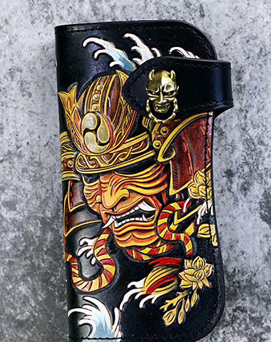Handmade Leather Tooled Japanese Samurai Biker Chain Wallet Long Wallet for Men
