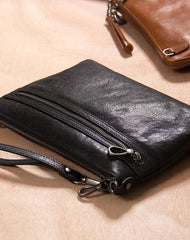 Leather Mens Clutch Wristlet Bag Black Shoulder Bag Zipper Clutch for Men