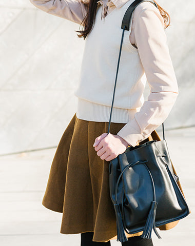 Cute LEATHER Black Bucket Bag WOMENs SHOULDER BAG Purses FOR WOMEN