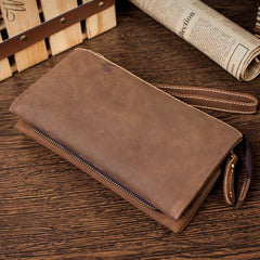 Light Brown Cool Mens long Wallet Wristlet Wallet Clutch Wallet Dark Brown Long Wallets for Men