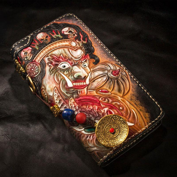 Handmade Leather Tooled Mahākāla Mens Chain Biker Wallet Cool Leather Wallet Long Clutch Wallets for Men