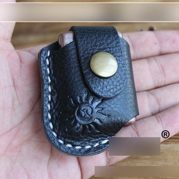 Mens Black Leather Standard Zippo Lighter Cases - Back View