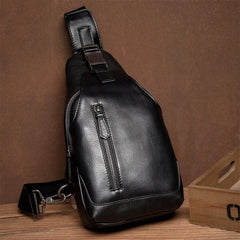 Cool Black Leather Mens Sling Bags Crossbody Pack Black Chest Bags Sling Pack for men