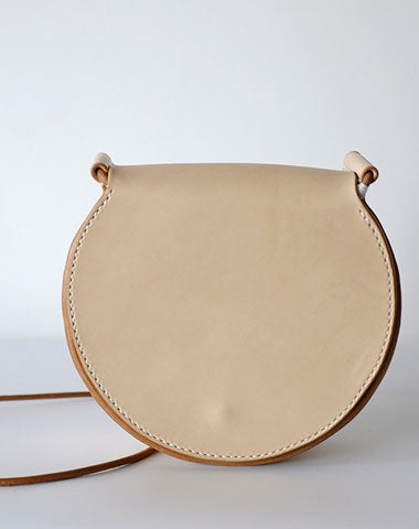 Cute Leather Beige Womens Small Round Saddle Crossbody Purse Shoulder Bag for Women