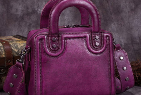 Genuine Leather Handbag Vintage Rivet Crossbody Bag Cube Shoulder Bag Purse For Women