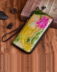 Womens Carp&Lotus Flower Black Leather Zip Around Wallet Wristlet Wallet Floral Ladies Zipper Clutch Wallet for Women
