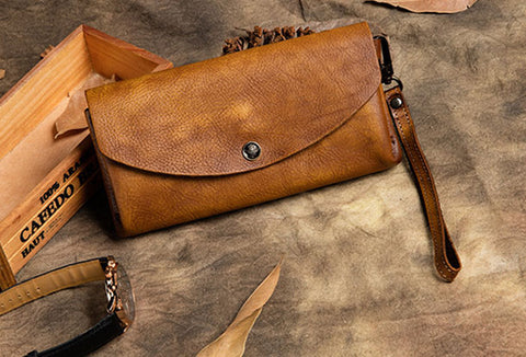 Handmade Long Leather Wallet Vintage Wallet Botton Clucth Purse For Women
