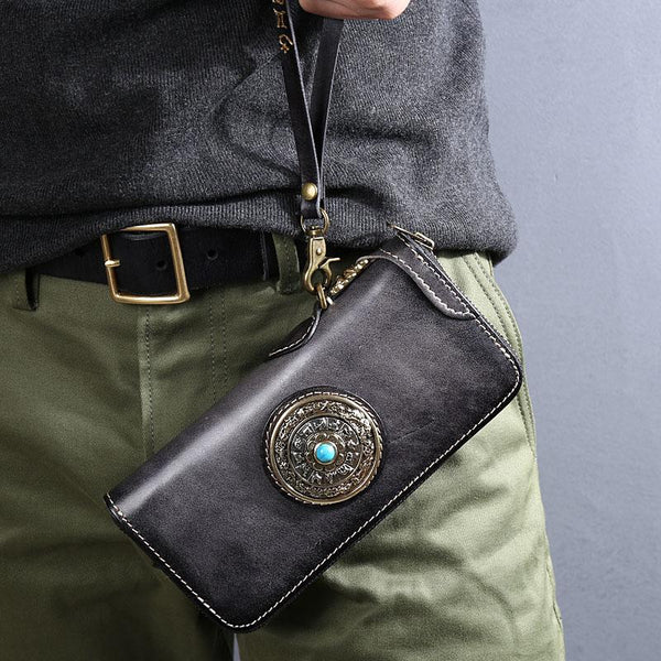 Handmade Black Leather Mens Long Leather Green - Back View