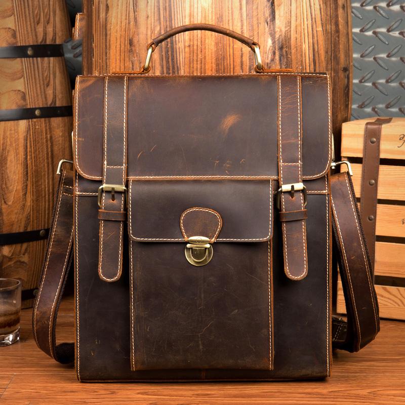 Casual Brown Leather Mens 14 inches School Backpacks Shoulder Briefcase Computer Backpack for Men