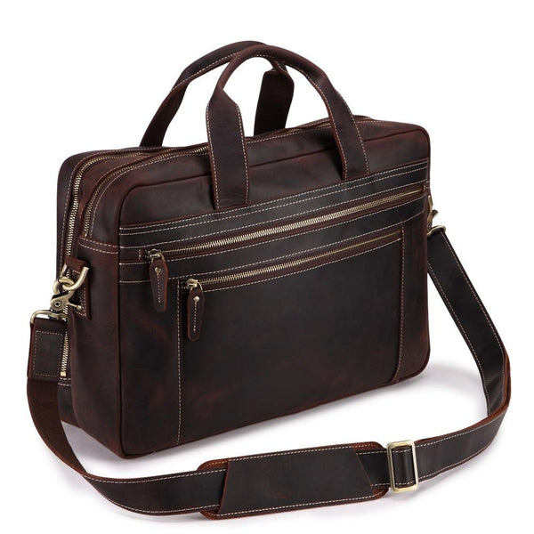 Dark Brown Large Leather Men's Professional Briefcase - Back View