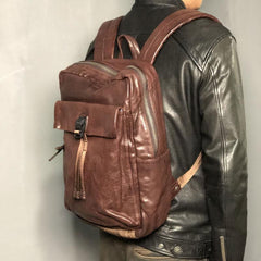 Cool Genuine Leather Mens Backpacks Large Coffee Travel Backpack Hiking Backpack for men