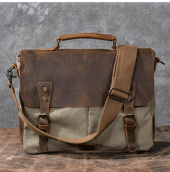 Canvas Leather Mens Womens Green Briefcase Side Bag Brown Messenger Bag Shoulder 24J01991009
