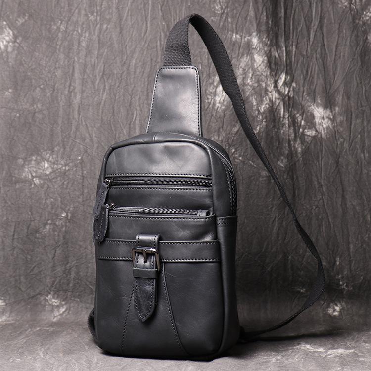 Black Leather Sling Backpack Sling Bag Chest Bag One shoulder Backpack Black Sling Pack For Men