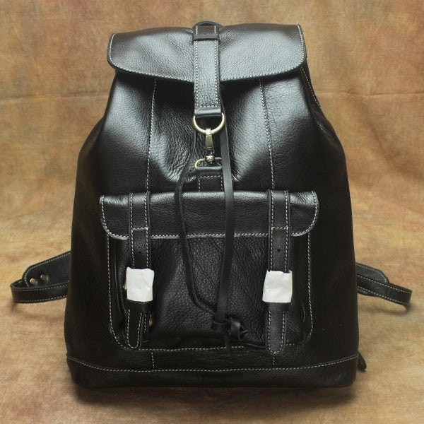 Casual Black Leather Men's Backpack College Backpack - Back View