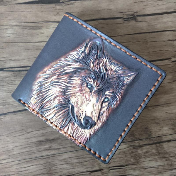 Handmade Wolf Black Tooled Leather billfold Wallet - Back View