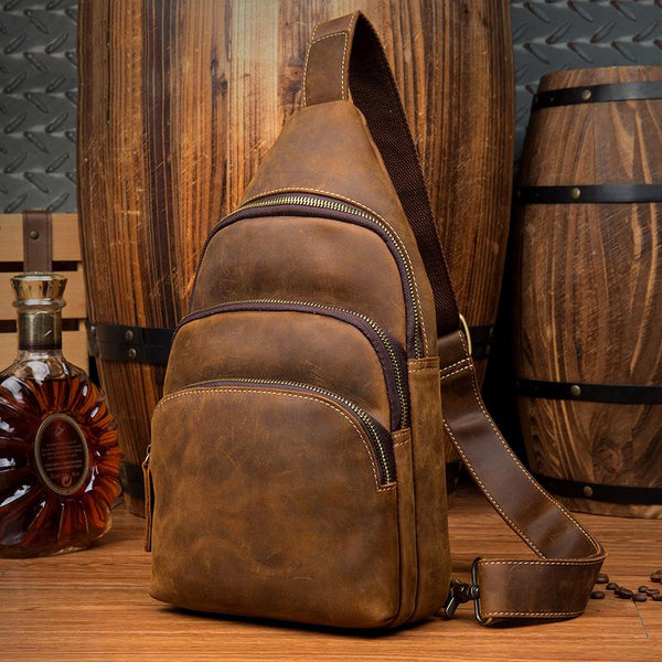 Casual Brown Leather Mens Sling Pack Sling - Back View