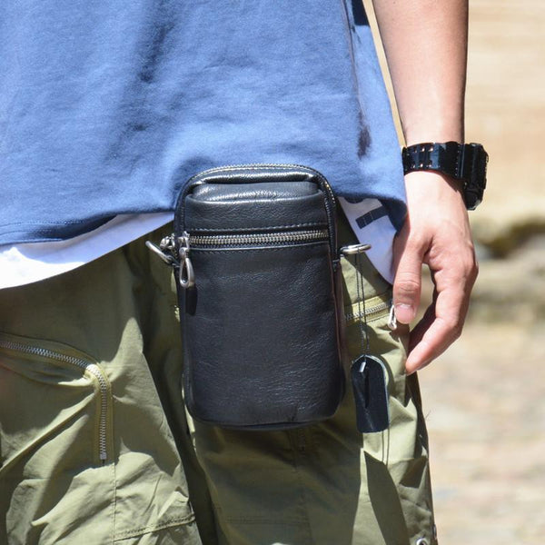 Black LEATHER MEN'S Small Belt Pouch Mini - Back View