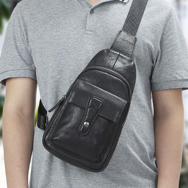 Black Mens Leather Sling Bag Chest Bag - Back View