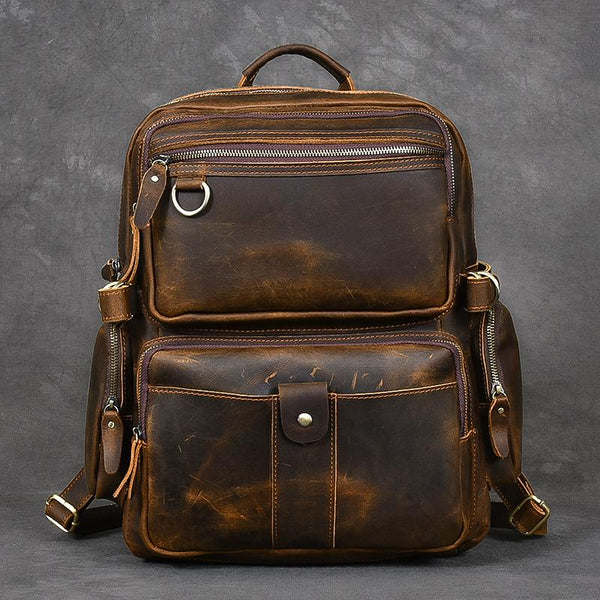 Brown Leather Mens 14" Laptop Hiking Backpack Travel Backpack College Backpack f 24J04291051