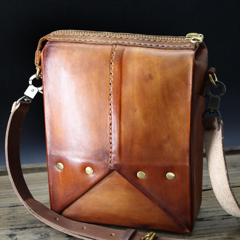 Handmade Vintage Brown Leather Mens Box Bag Shoulder Bag Messenger Bag for Men