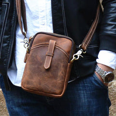 Vintage Brown Leather Men's Cell Phone Holsters Brown Waist Belt Pouch Mini Side Bag For Men
