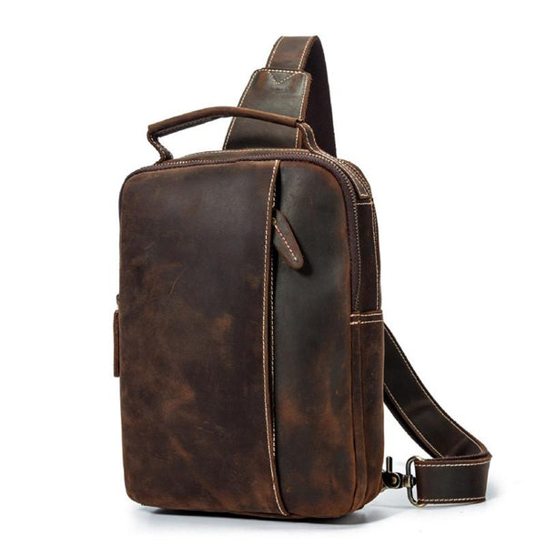 Best Brown Distressed LEATHER MENS Sling Bag - Back View