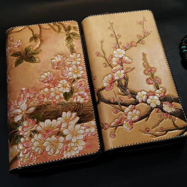 Brown Leather Women Cherry Blossom Tree Biker - Back View
