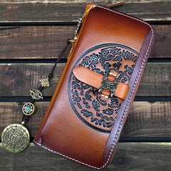 Brown Handmade Tibet Tooled Leather Long Biker Wallet Black Chain Wallet Clutch Wallet For Men