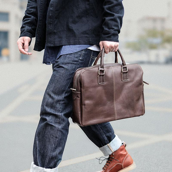Vintage Brown Mens Leather Briefcase Work Handbag - Back View