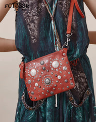 Red Leather Womens Rivets Shoulder Bags Saddle - Front View