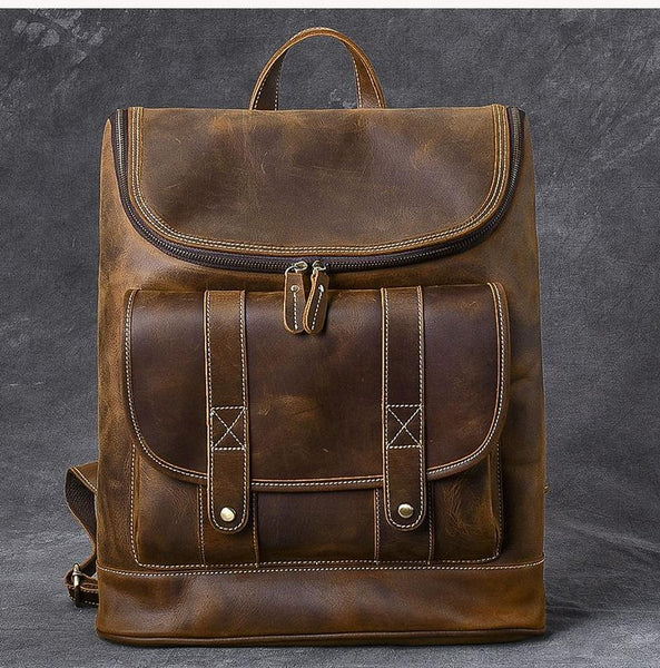 Cool Leather Mens 15" Retro Brown Hiking Backpack Travel Backpack Computer Backp 24J03991057