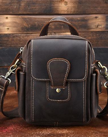 Vintage Brown Leather Mens Small Side Bag Tablet Bag Waist Belt Bag Camera Bag For Men