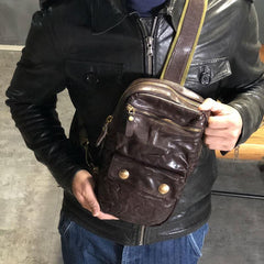 Genuine Leather Mens Cool Chest Bag Sling Bag Coffee Crossbody Pack Sling Pack for men