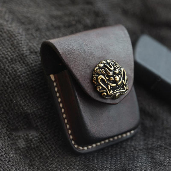 Handmade Coffee Leather Mens Classic Zippo Lighter - Back View