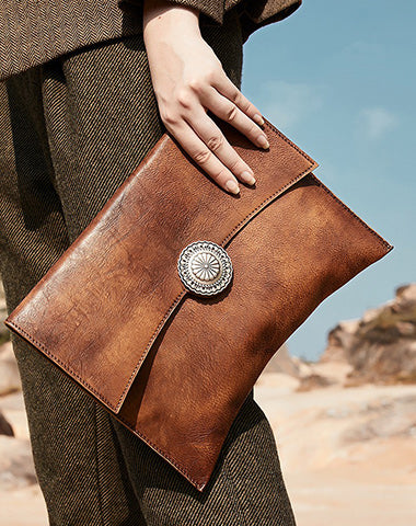 Brown womens Leather Envelope Shoulder Bag Large Envelope Clutch Purse