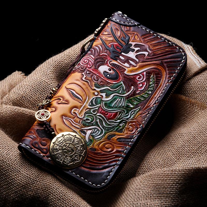 Handmade Leather Buddha&Demon Mens Tooled Chain Biker Wallet Cool Leather Long Wallet With Chain Wallets for Men