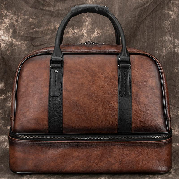 Casual Brown Leather Men Business Weekender Bags - Back View