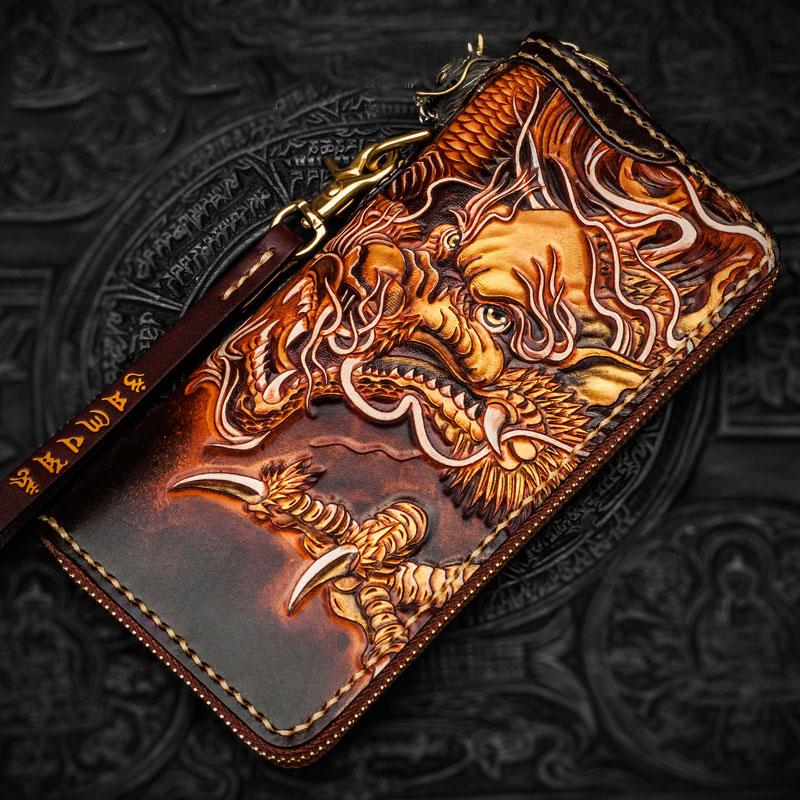 Handmade Leather Tooled Long Chinese Dragon Mens Chain Biker Wallet Co