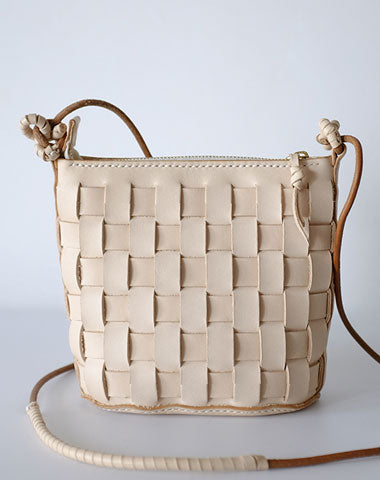 Cute Leather Beige Braided Womens Small Crossbody Purse Mini Shoulder Bag for Women