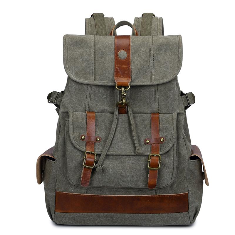 Canvas Leather Mens 15" Black Hiking Backpack Army Green Travel Backpack Blue College Backpack for Men