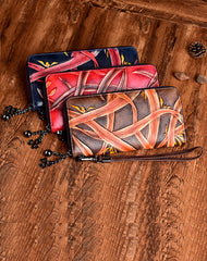 Handmade Bracketplant Black Leather Wristlet Wallet Womens Zip Around Wallets Flowers Ladies Zipper Clutch Wallet for Women