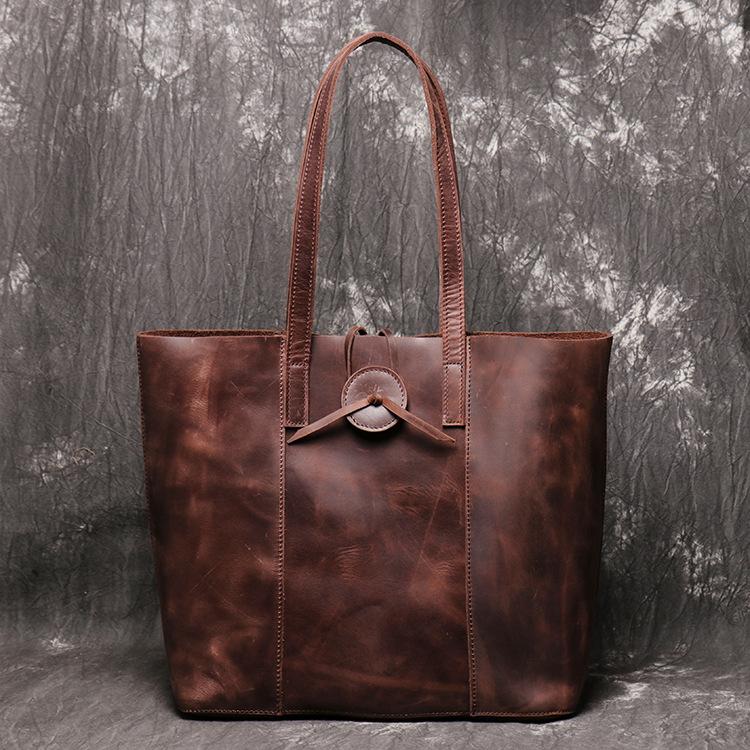 Vintage Mens Womens Leather Large Tote Handbag - Back View