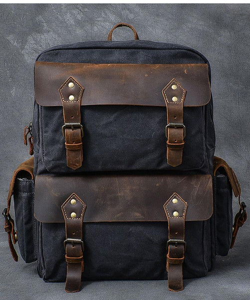 Waxed Canvas Leather Mens 15" Laptop Backpack Army Green Travel Backpack College 24J02551001