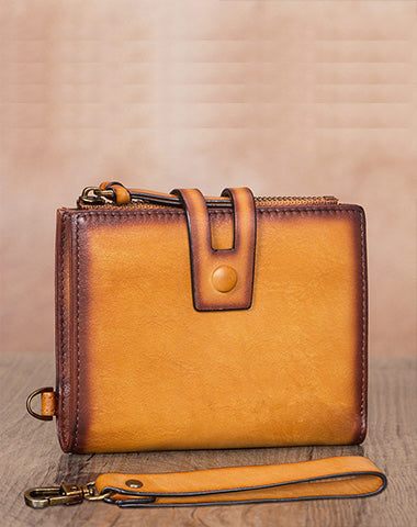 Vintage Tan Leather Small Wristlet Wallet Womens Billfold Wallet Bifold Small Wallet for Women