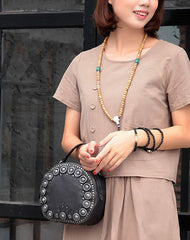 Womens Gray Leather Round Handbag Purses Rivet Round Handmade Shoulder Bag Crossbody Handbag for Women