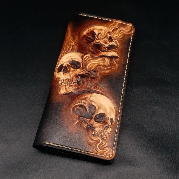 Dark Coffee Handmade Tooled Three Skulls Leather - Back View